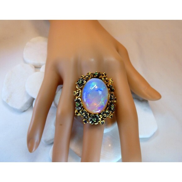 HUGE 26CT Ethiopian Welo Opal Emeralds- Blue Sapphires Sterling Silver Ring - Picture 10 of 11